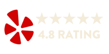 Yelp logo with a 4.8 rating and five stars, four filled and one empty.